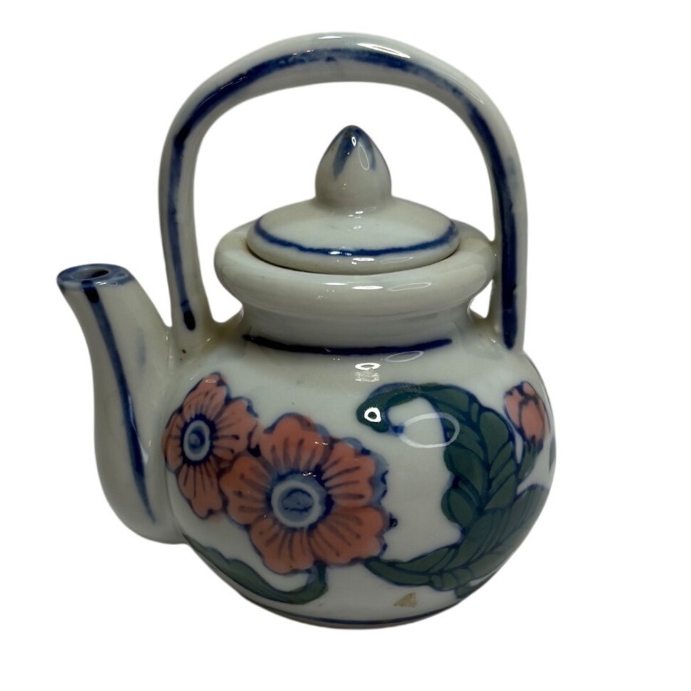 Ben Rickert Miniature Ceramic Floral Teapot Hand Painted Blue Pink White Vintage